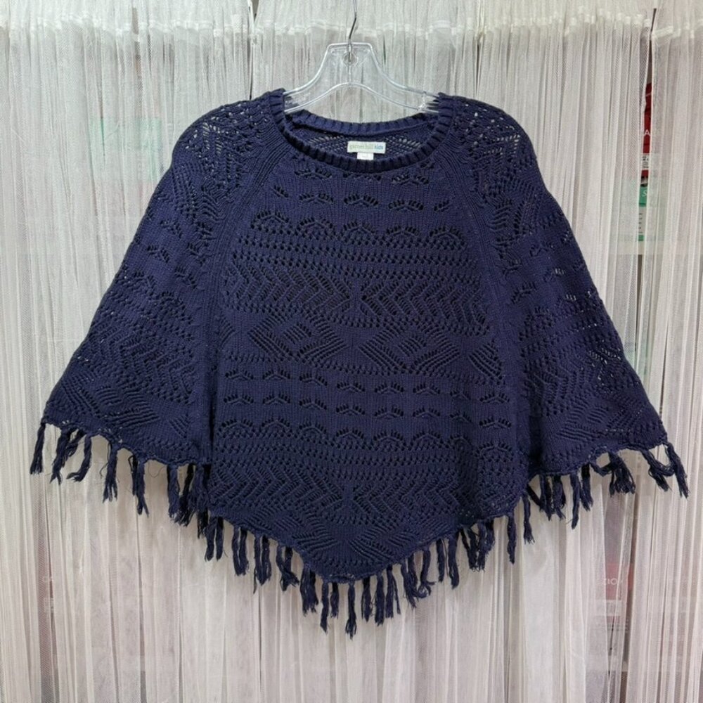 Garnet Hill Kids Navy Blue Knit Poncho Sweater Size XL Organic Cotton Fringe Hem